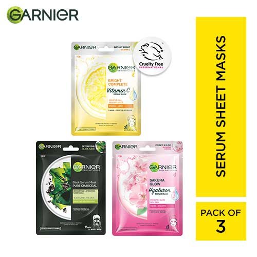 Garnier Sheet Mask Combo Pack of 3 - 1 Bright Complete + 1 Sakura White + 1 Charcoal